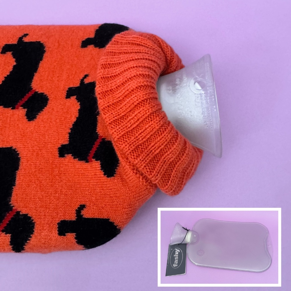 Large 2 Liter Hot Water Bottle w/Knit Cover (Orange, Black Dachshunds)